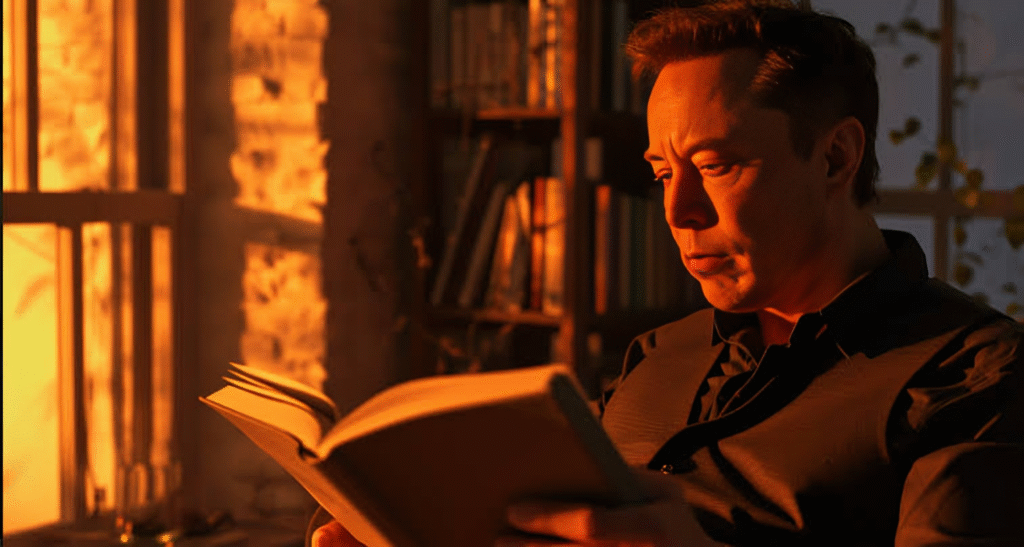 Elon Musk standing near a SpaceX rocket launch with determination on his face.